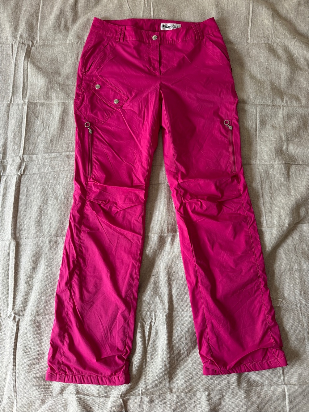 FILA Golf Cargo Pants Womens Pink Nylon Y2K Utility Zip Pocket Outdoor Flare